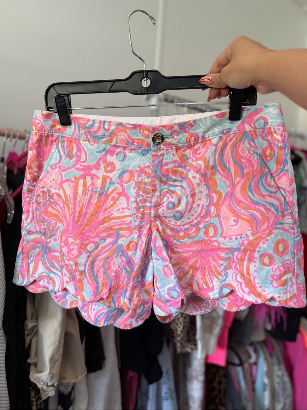 Lilly Pulitzer Buttercup, Pink, Coral, Light Blue Printed Scallop Hem Shorts